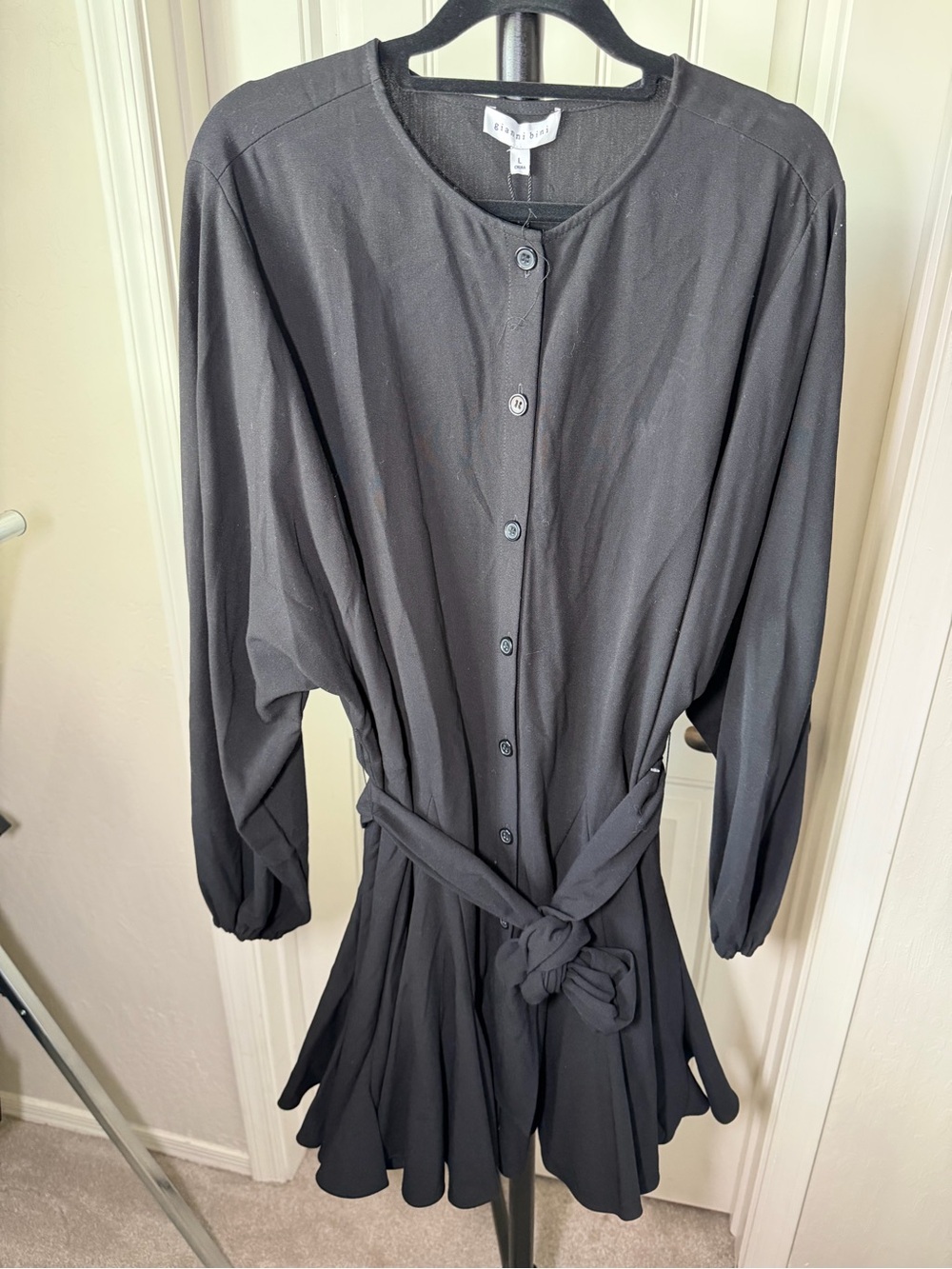 Gianni Bini Black Long-Sleeve Button Front Dress with Tie Waist